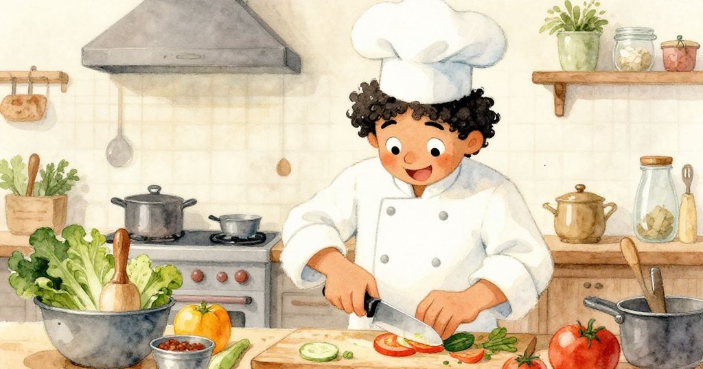 馬爾科在忙碌的廚房裡專心切菜，四周環繞著色彩繽紛的食材和烹飪用具。