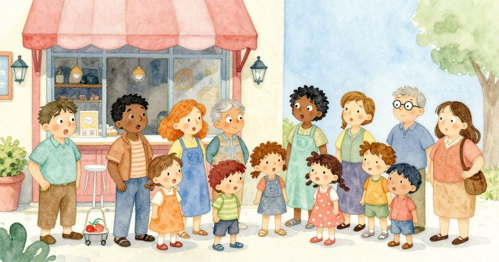 鎮民們聚集在餐廳外，有人興奮地交談，有人懷疑地交叉手臂。