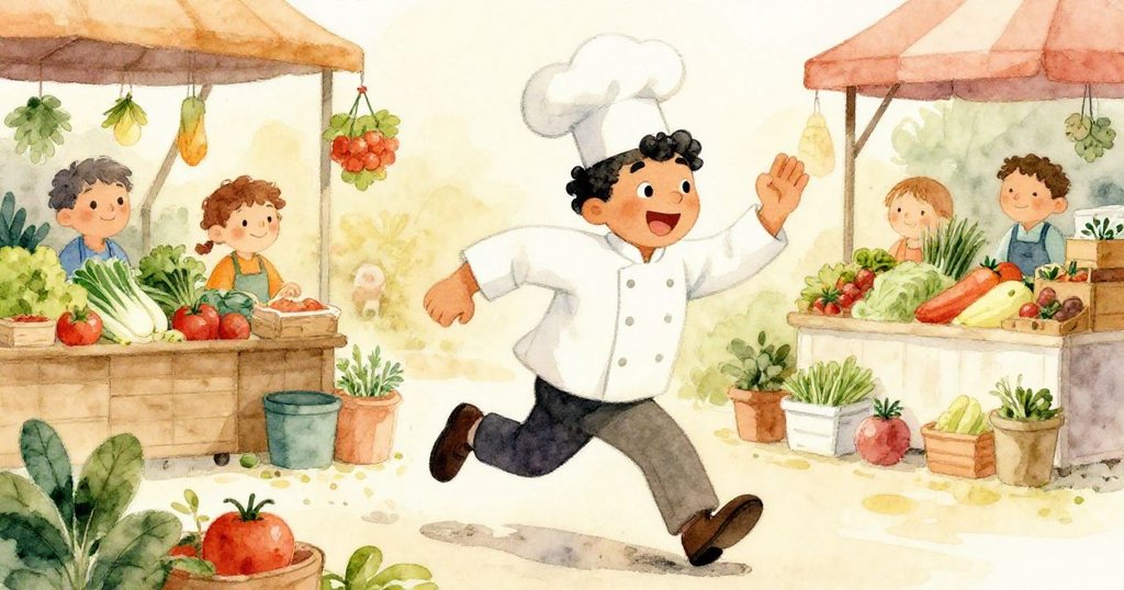 馬爾科在熱鬧的市場裡快速奔跑，熱切地收集新鮮的農產品和香草。