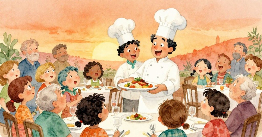 餐廳裡充滿了興奮的客人，馬爾科自豪地將精美的菜餚呈現給他們。