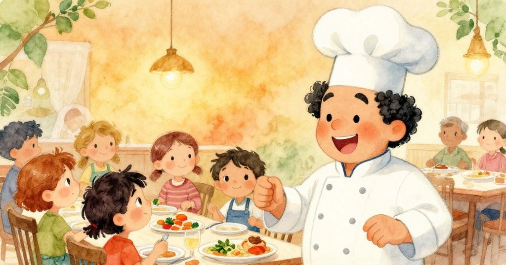 馬爾科微笑著，看著客人們享受他精心準備的美食，臉上流露出滿足與喜悅。