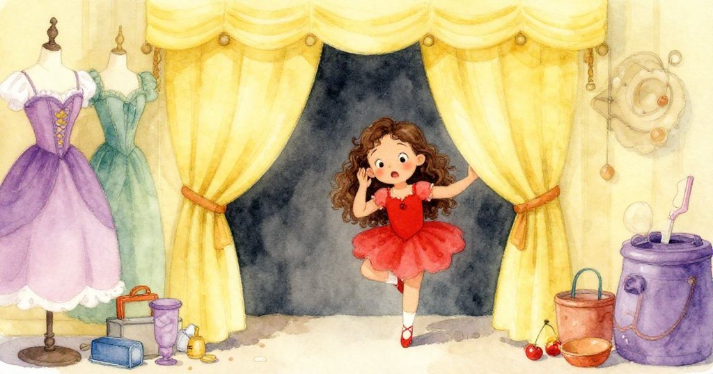 克拉在舞台後台,穿著紅色舞蹈服,緊張又期待地透過窗簾看出去,背景有五光十色的道具和服裝。