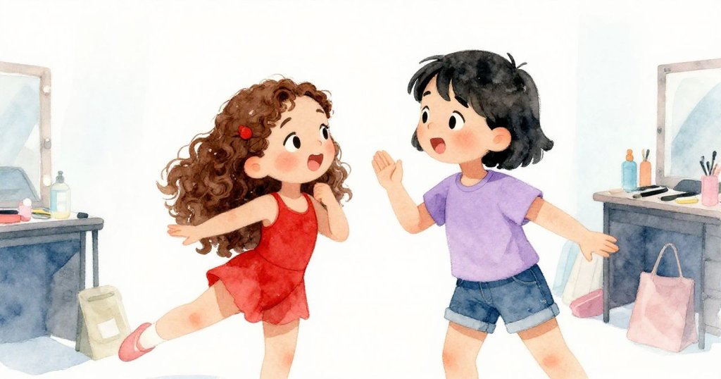 米婭在窗簾後微笑鼓勵克拉,克拉回頭看著她,臉上露出緩解的神情,背景舞台燈光柔和。