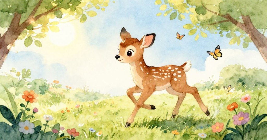 在陽光明媚的森林裡，一隻輕巧的梅花鹿在五彩繽紛的花朵中跳躍。