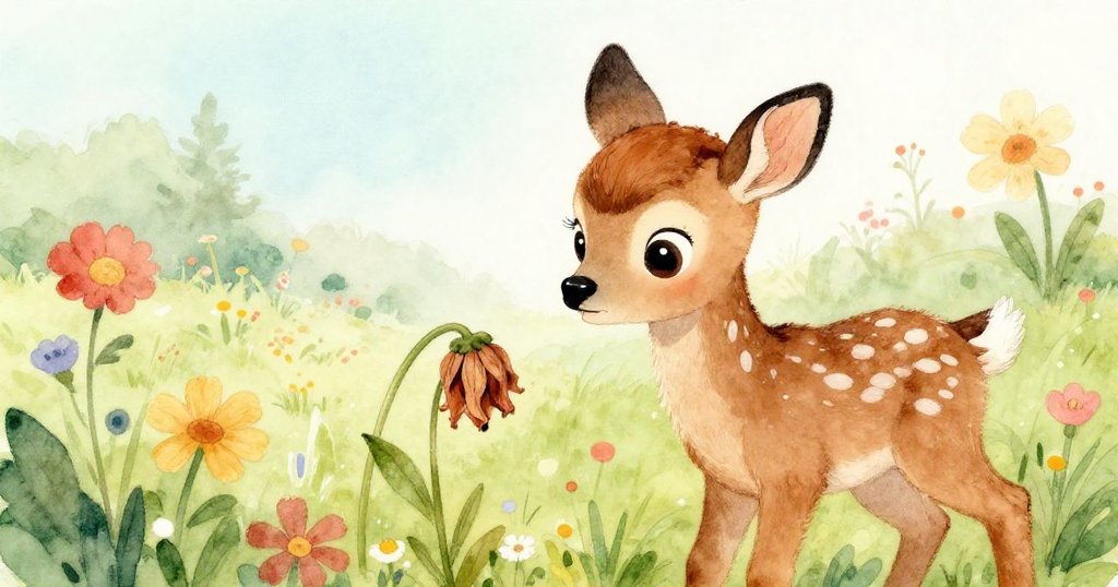 梅花鹿發現一朵凋謝的花，表情擔憂，周圍是生機勃勃的花兒。