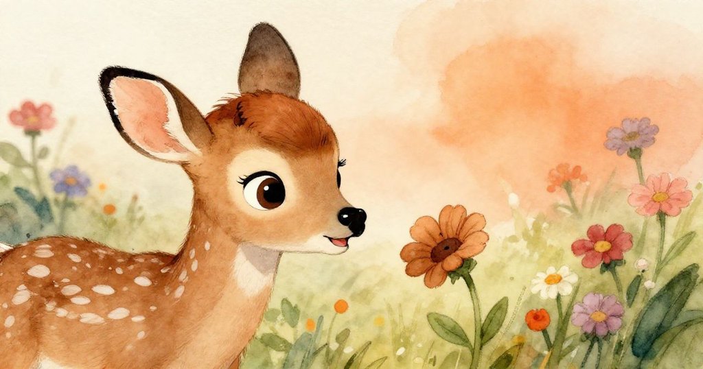 梅花鹿關切地詢問凋謝的花為何傷心，花朵抬頭傾訴心聲。