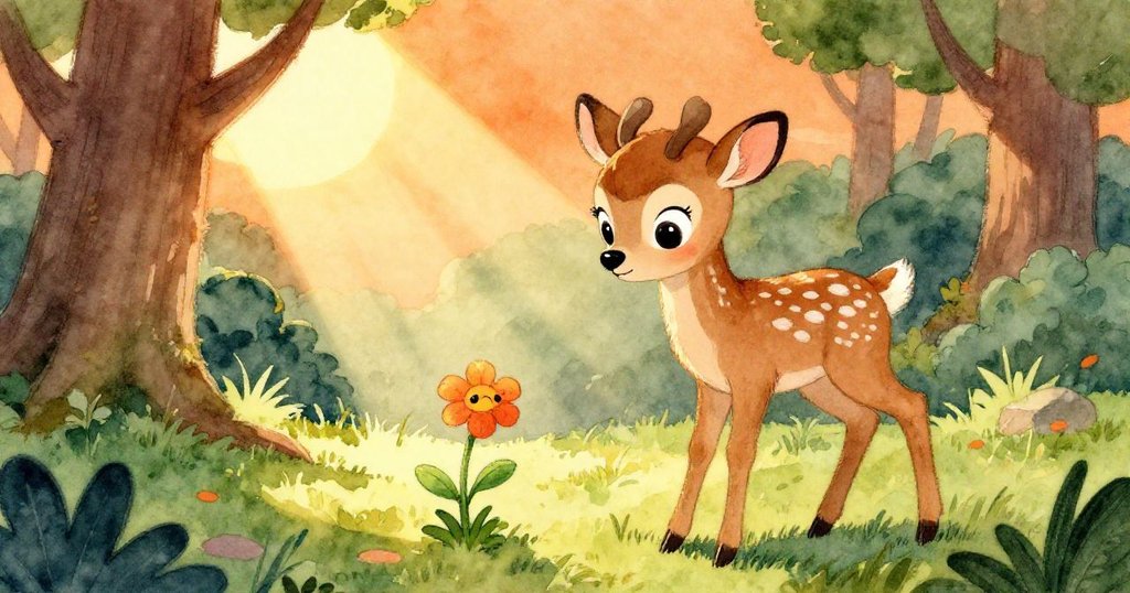 梅花鹿決心要幫助凋謝的花，朝著明亮的陽光區域思考。