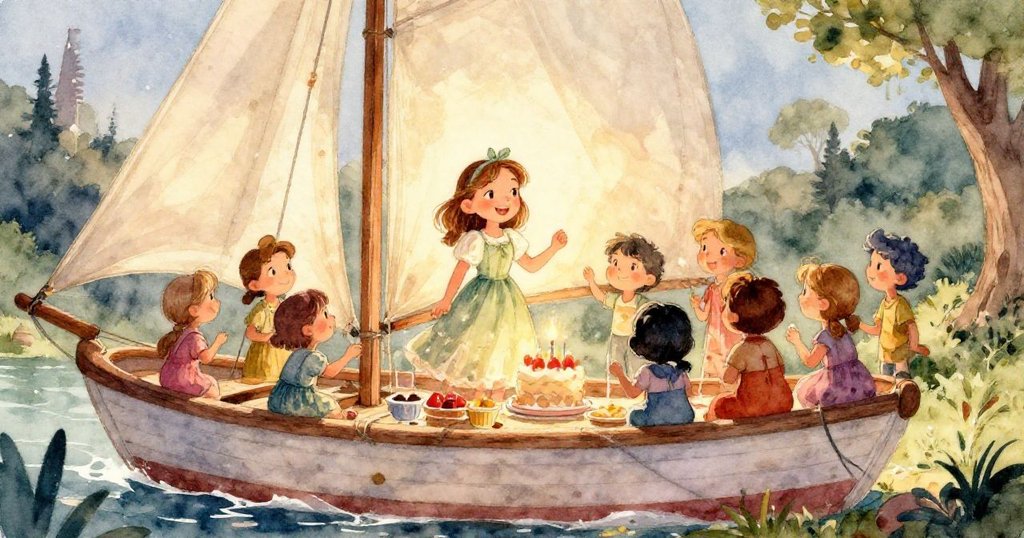 小女孩莉莉和她的朋友在一艘美麗的帆船上，向岸邊的朋友們揮手，周圍環繞著翠綠的樹木和蔚藍的天空。