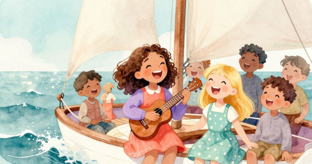 朋友們在帆船上唱歌和笑，莉莉彈著尤克里里，朋友們拍手歡呼，陽光照耀著海面。