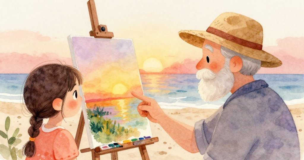 莉莉興奮地指著海灘上的畫家，朋友們圍在一起看他的作品，夕陽的顏色在畫布上閃耀。