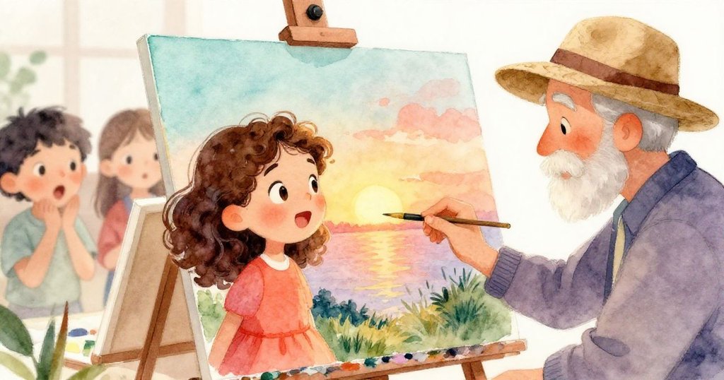 畫家正在畫出美麗的夕陽，莉莉和朋友們驚訝地看著，臉上流露出驚喜的表情。