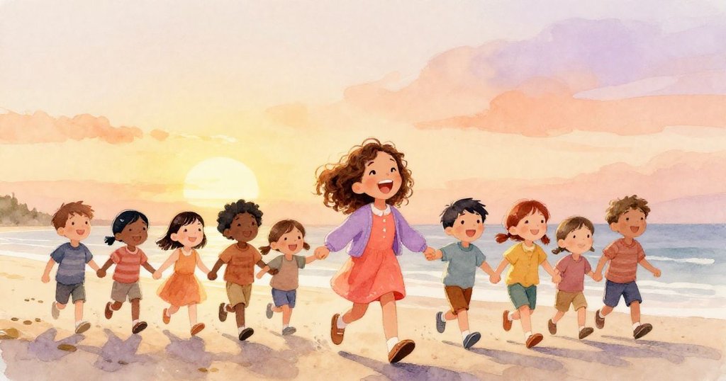 朋友們在夕陽下的海灘上手牽手走回家，臉上洋溢著快樂的笑容，黃昏的天空映照出溫暖的色彩。