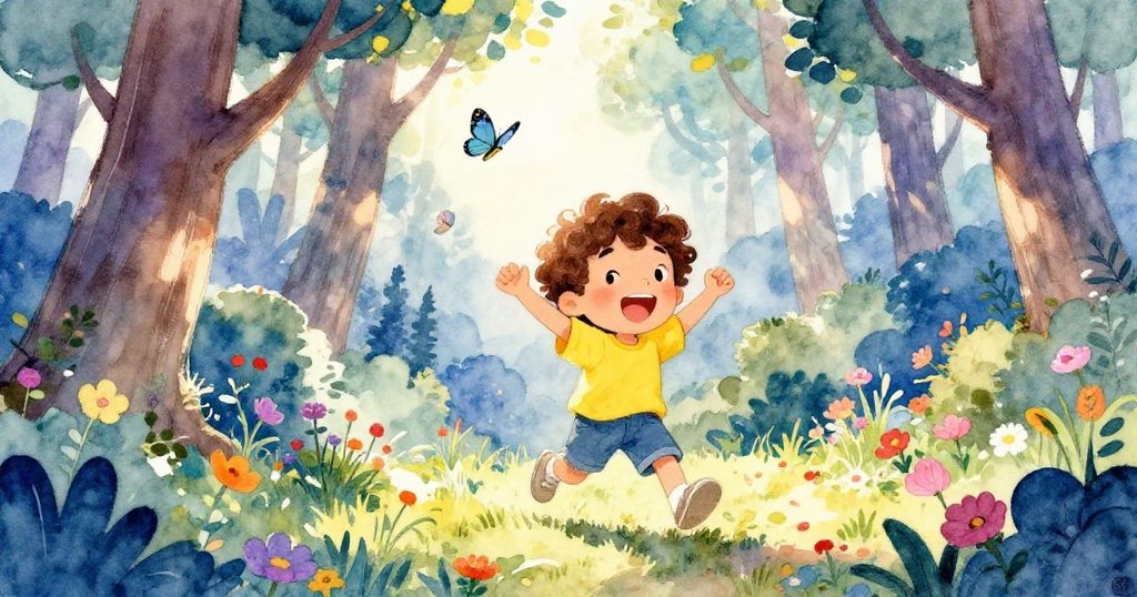 利奧興奮地走進森林,周圍環繞著色彩繽紛的花朵和蝴蝶。