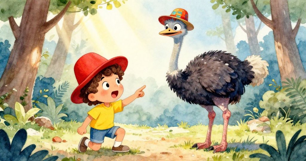 利奧驚訝地發現一隻穿著紅色帽子的鴕鳥。