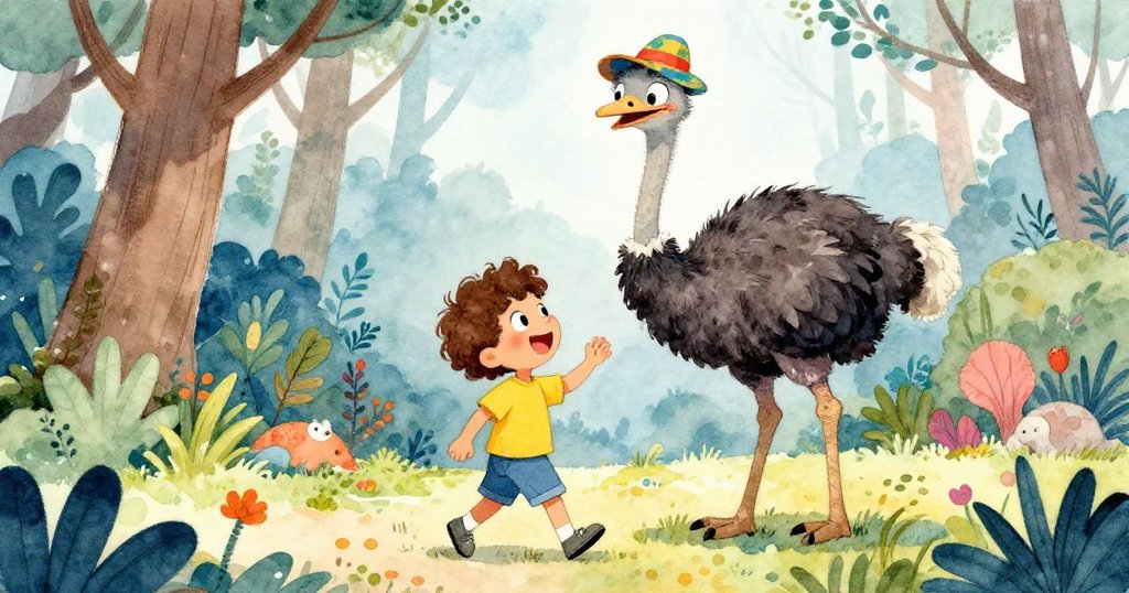 利奧和鴕鳥一起走進森林,分享故事和笑聲。