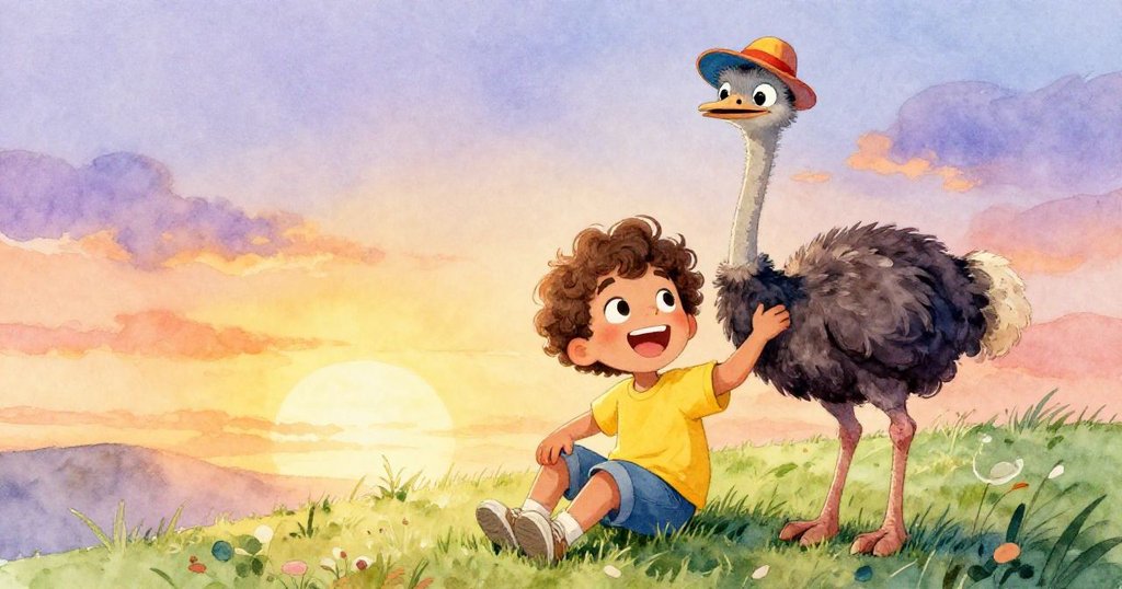 利奧和鴕鳥坐在草坡上,看著美麗的日落,展現了他們的友誼。