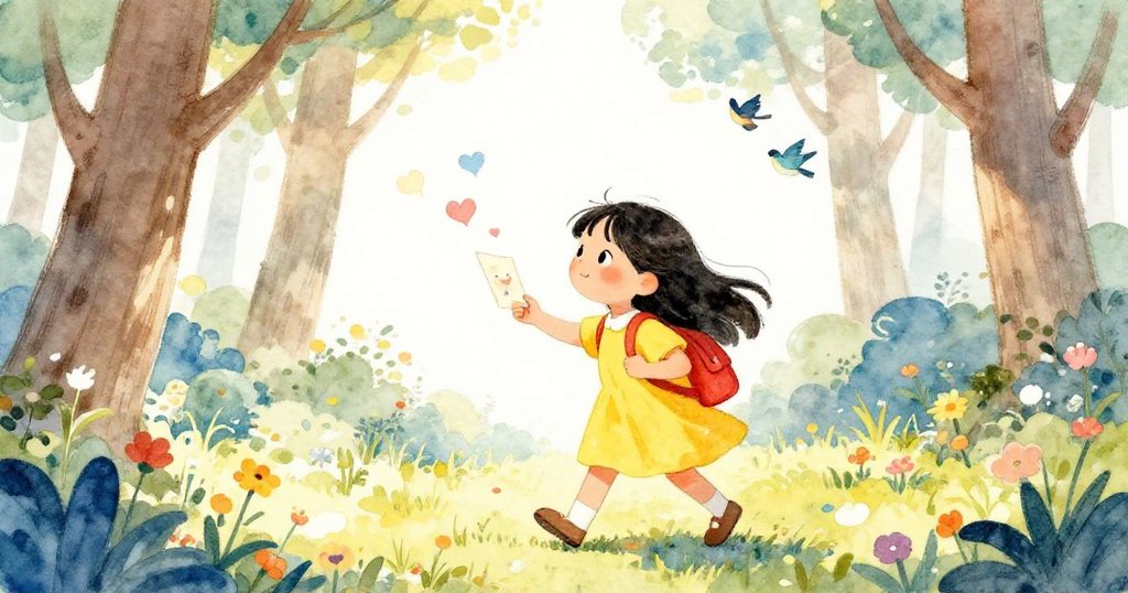 在陽光普照的早晨，梅走過森林，心中充滿了幫助他人的夢想。