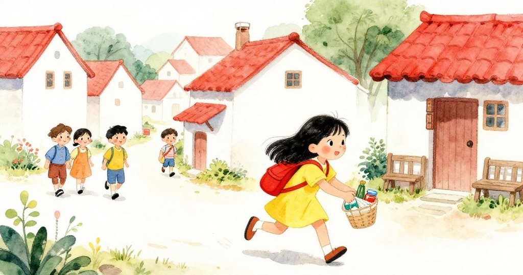 梅匆忙回到村莊，從鄰居那裡收集供應品，臉上帶著堅定的神情。