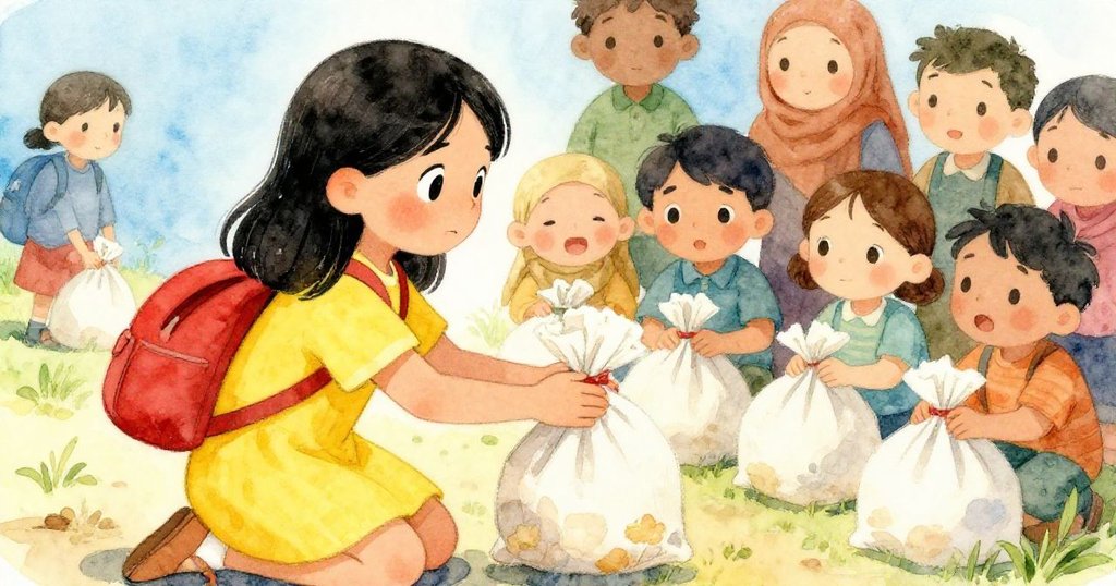 梅在難民面前跪下，懷著希望的心情將食物袋遞給他們。