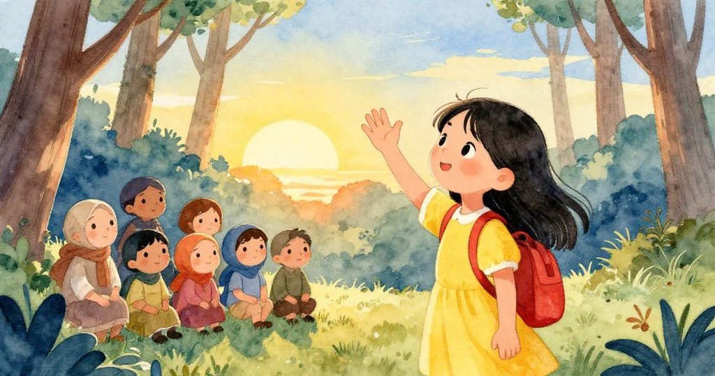 梅向難民揮手告別，臉上掛著微笑，象徵著希望和友誼。