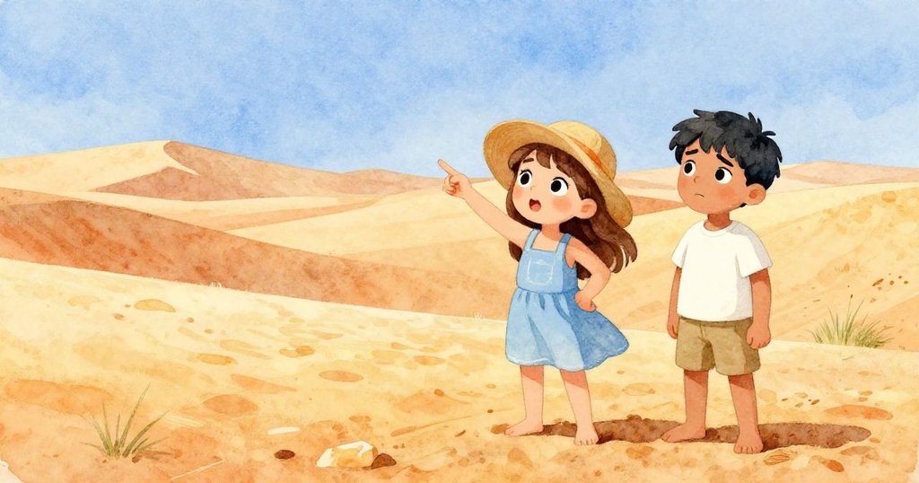 在廣闊的沙漠中，米婭指著前方，臉上充滿決心，利奧則表現出懷疑，沙丘在陽光下閃閃發光。