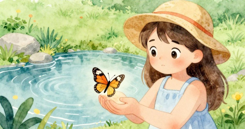 米婭驚訝地看著手中一隻精緻的沙漠蝴蝶，背景中可見閃閃發光的綠洲。