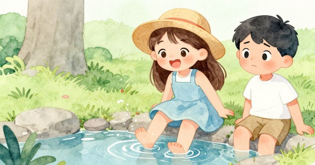 米婭高興地把腳趾浸入綠洲的水中，臉上洋溢著喜悅，利奧在旁邊微笑著看著。