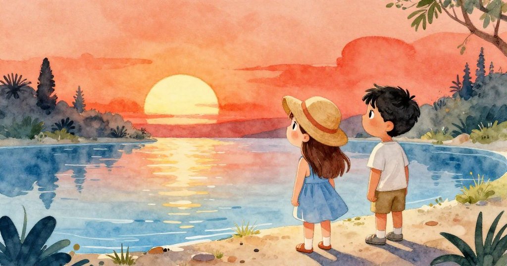 米婭和利奧站在綠洲邊緣，驚訝地看著水面，夕陽的金色光芒灑在他們身上。