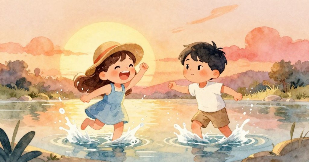 米婭和利奧在綠洲裡玩耍，互相潑水，笑聲洋溢，夕陽在他們身後映出柔和的光線。