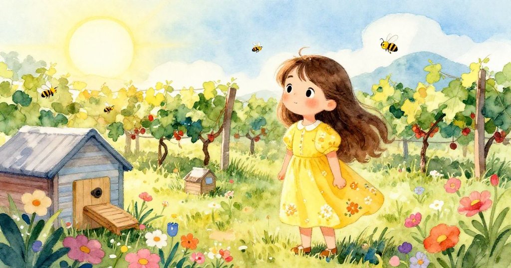 Mia 驚奇地發現蜂場，太陽升起，照亮了美麗的葡萄園。