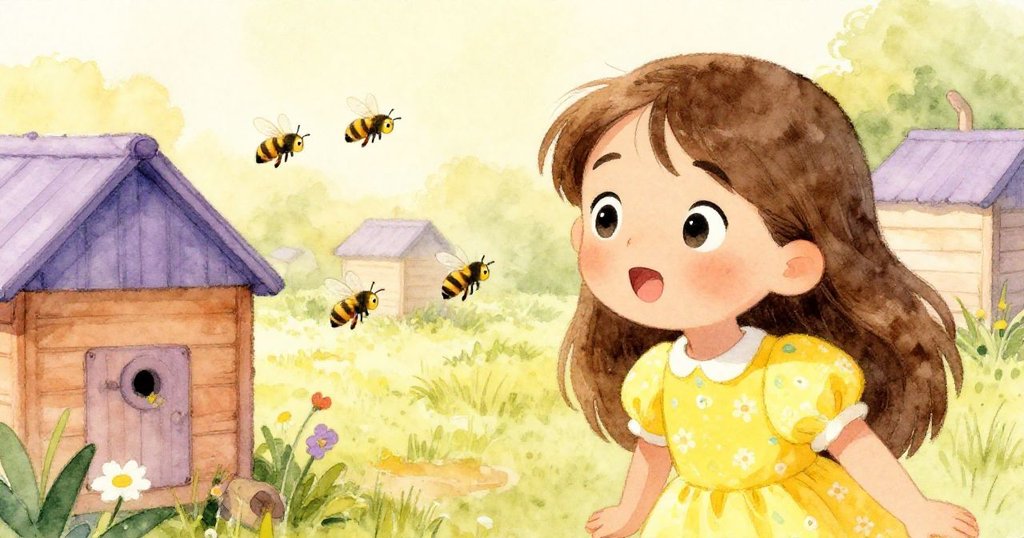 米婭驚訝地看著蜜蜂，面上充滿好奇與興奮。