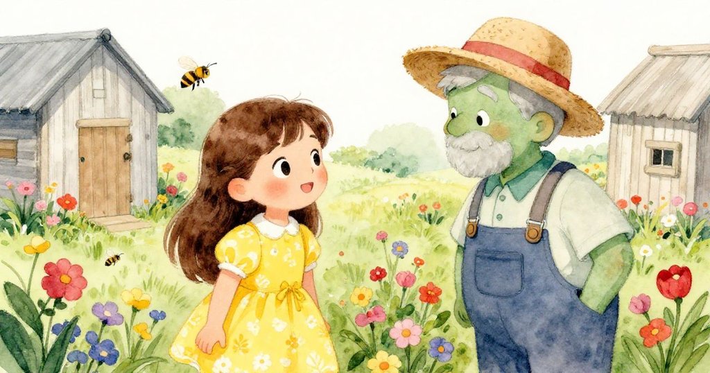 米婭向格林先生詢問如何幫助蜜蜂，他微笑著回答。