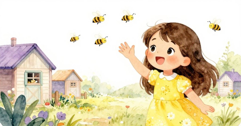 米婭在蜂場邊緣揮手告別蜜蜂，面上充滿感激和喜悅。