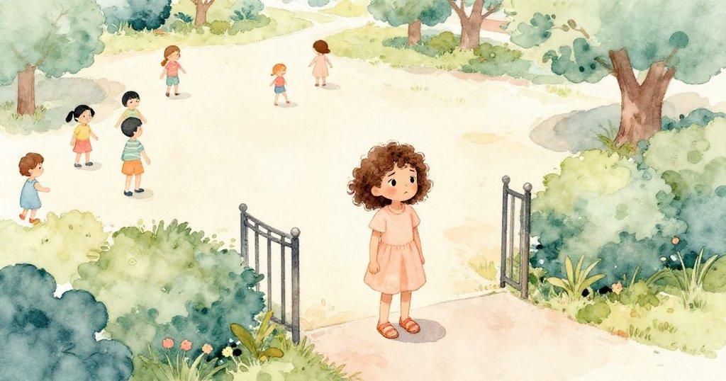 莉莉到達公園，周圍是快樂玩耍的孩子們，莉莉看起來很緊張。