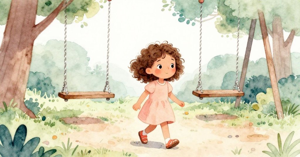 莉莉微笑著走向秋千，顯得充滿勇氣。