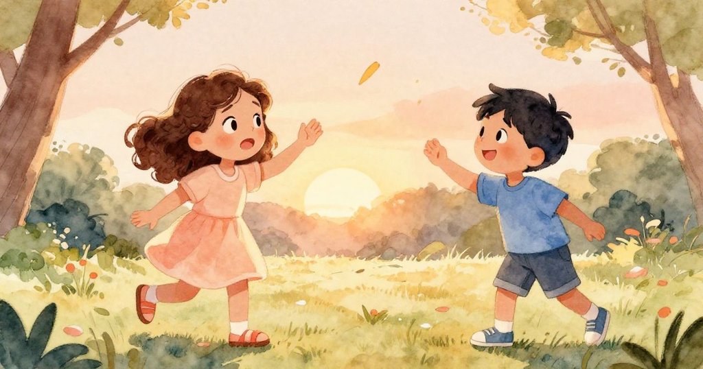 在夕陽下，莉莉和男孩快樂地玩接球，克服了她的害羞。