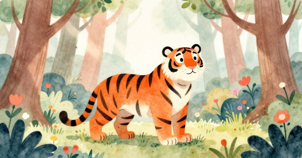 在一片廣闊的森林中，一隻強壯的橙色老虎自豪地站著，四周環繞著高大的樹木和色彩斑斕的花朵。陽光透過樹葉灑下，營造出夢幻般的氛圍。