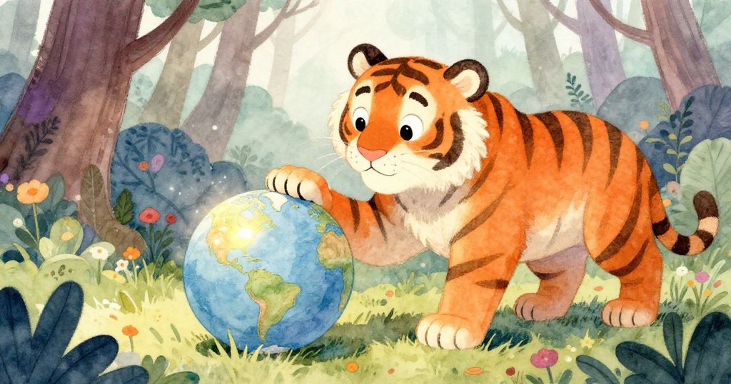 一隻好奇的橙色老虎用爪子輕輕撫摸著森林地面上的一個閃亮地球儀，陽光照耀著它的表面，四周環繞著樹葉和色彩斑斕的花朵。