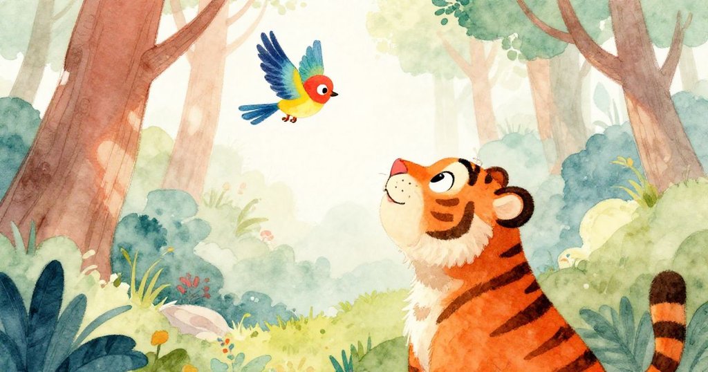 從老虎的肩膀上方看去，這隻橙色的老虎興奮地仰望著一隻小小的色彩鮮豔的鳥兒飛下來，四周是一片生機勃勃的森林，陽光透過樹木灑下。