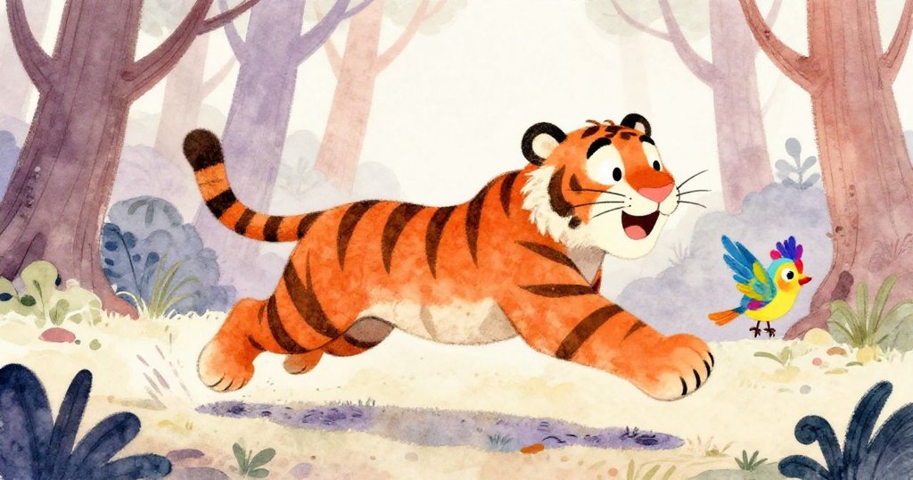 一隻快樂的橙色老虎在生機勃勃的森林中快步奔跑，身邊飛著一隻色彩鮮豔的小鳥，兩者都充滿了興奮。