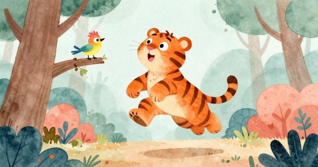 一隻快樂的橙色老虎在空中高高跳起，旁邊一隻色彩鮮豔的小鳥在樹枝上歡呼，周圍是一片生機勃勃的森林。