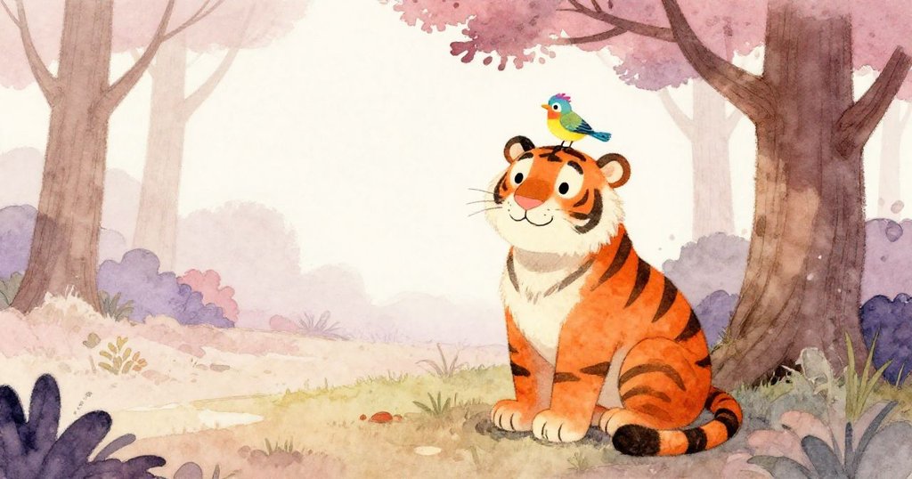 在一片寧靜的森林空地上，一隻快樂的橙色老虎坐在樹下，頭上停著一隻色彩鮮豔的小鳥，兩者一起微笑，營造出一種溫馨的氛圍。