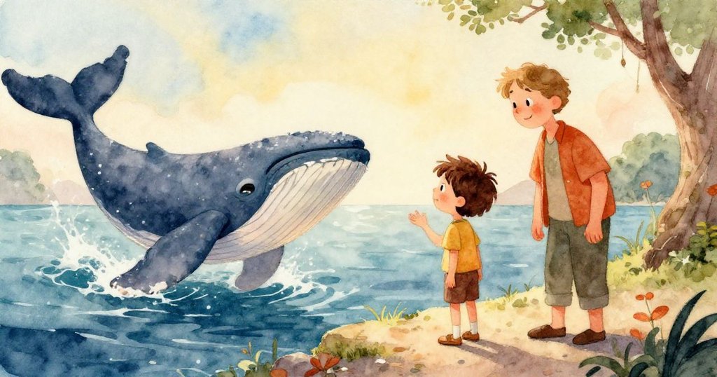 在沙灘上，盧卡斯手握著一個小海螺，凝望著無邊的藍色海洋，心中充滿了冒險的夢想。