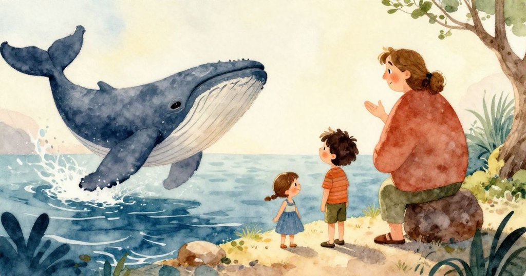 當一頭巨大的鯨魚跳出水面時，盧卡斯和他的朋友們驚訝地指著，心中充滿了敬畏。