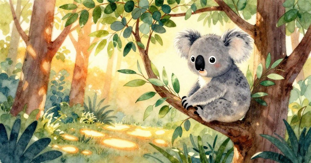 在夕陽下,Koby坐在桉樹上,期待著冒險的眼神,周圍的森林被金色光芒照耀。