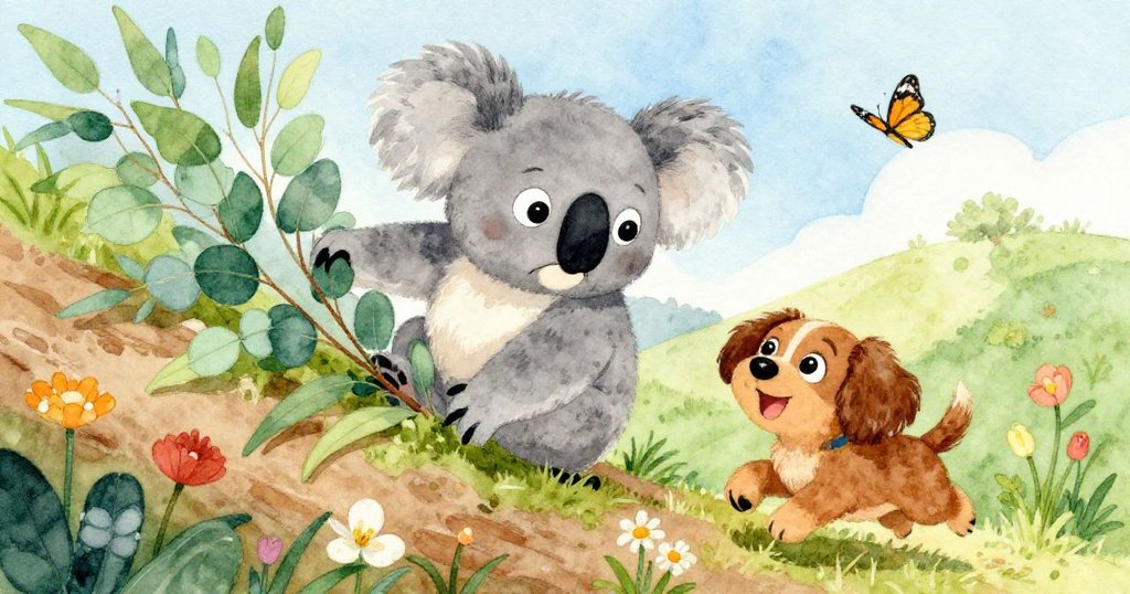 Koby小心翼翼地下山,Bella在旁邊快樂地奔跑,四周是充滿色彩的花朵和翩翩起舞的蝴蝶。