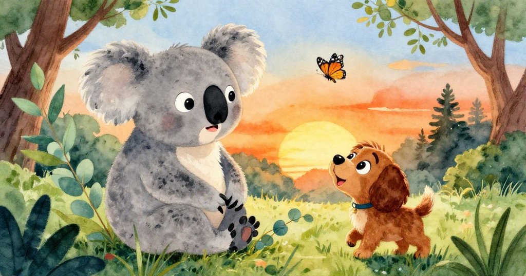 Koby驚奇地看著Bella快樂地追逐著蝴蝶,周圍的森林在夕陽的映照下閃耀著溫暖的色彩。