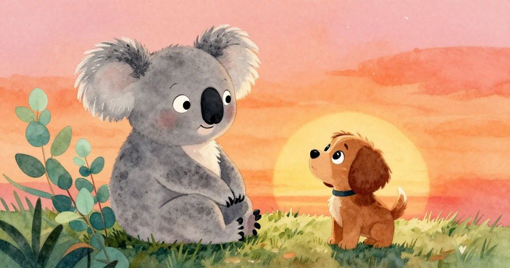 Koby和Bella坐在草坡上,幸福地看著夕陽西下,周圍的天空被粉紅和橙色的色彩裝點,星星開始閃爍。