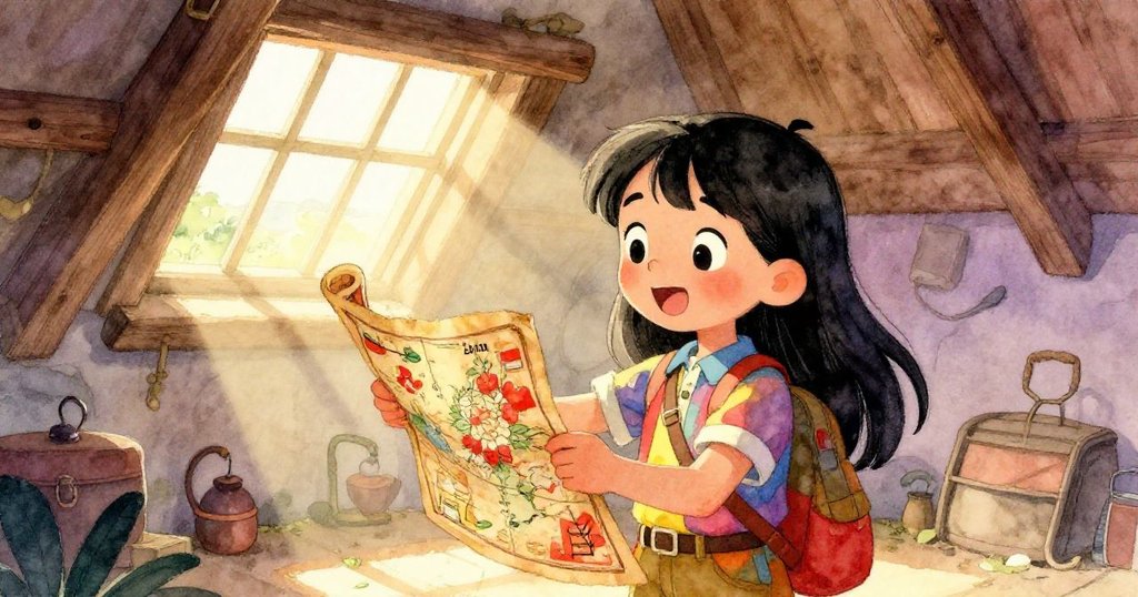 在一個古老的閣樓裡,林發現了一幅古老的猩紅色地圖,興奮地用手指描摹著地圖上的標記。