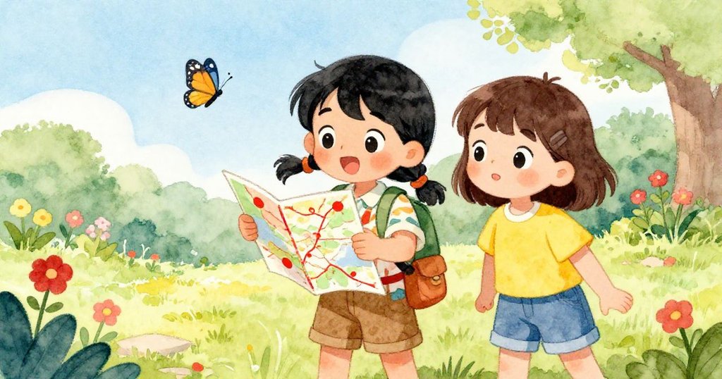 林興奮地向梅展示她的發現,兩人圍繞著盛開的花朵,感受著冒險的氣息。